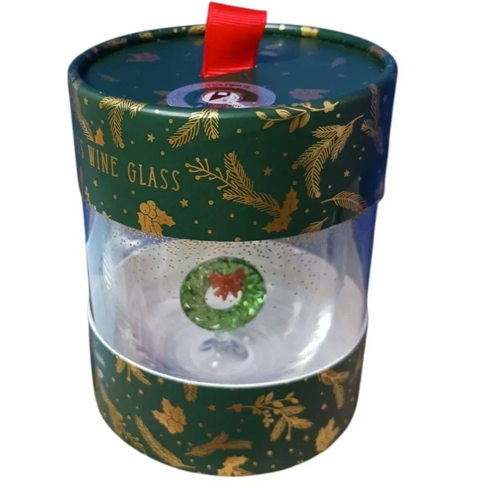 Stemless Wine Glass Christmas With Festive Green Wreath & Red Bow Design In Gift